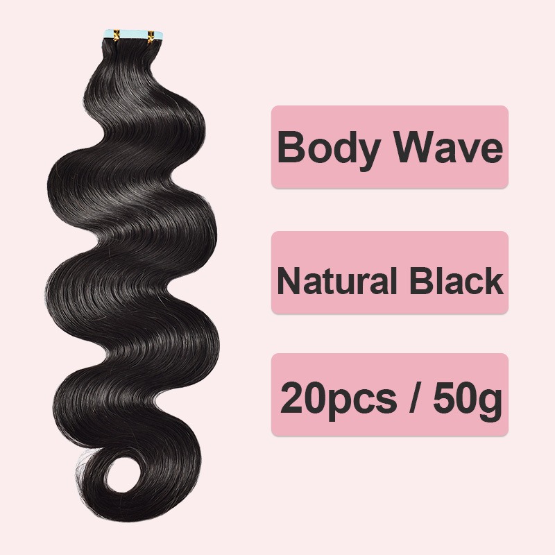 Human hair tape hair extensions for easy, stylish looks in a body wave pattern